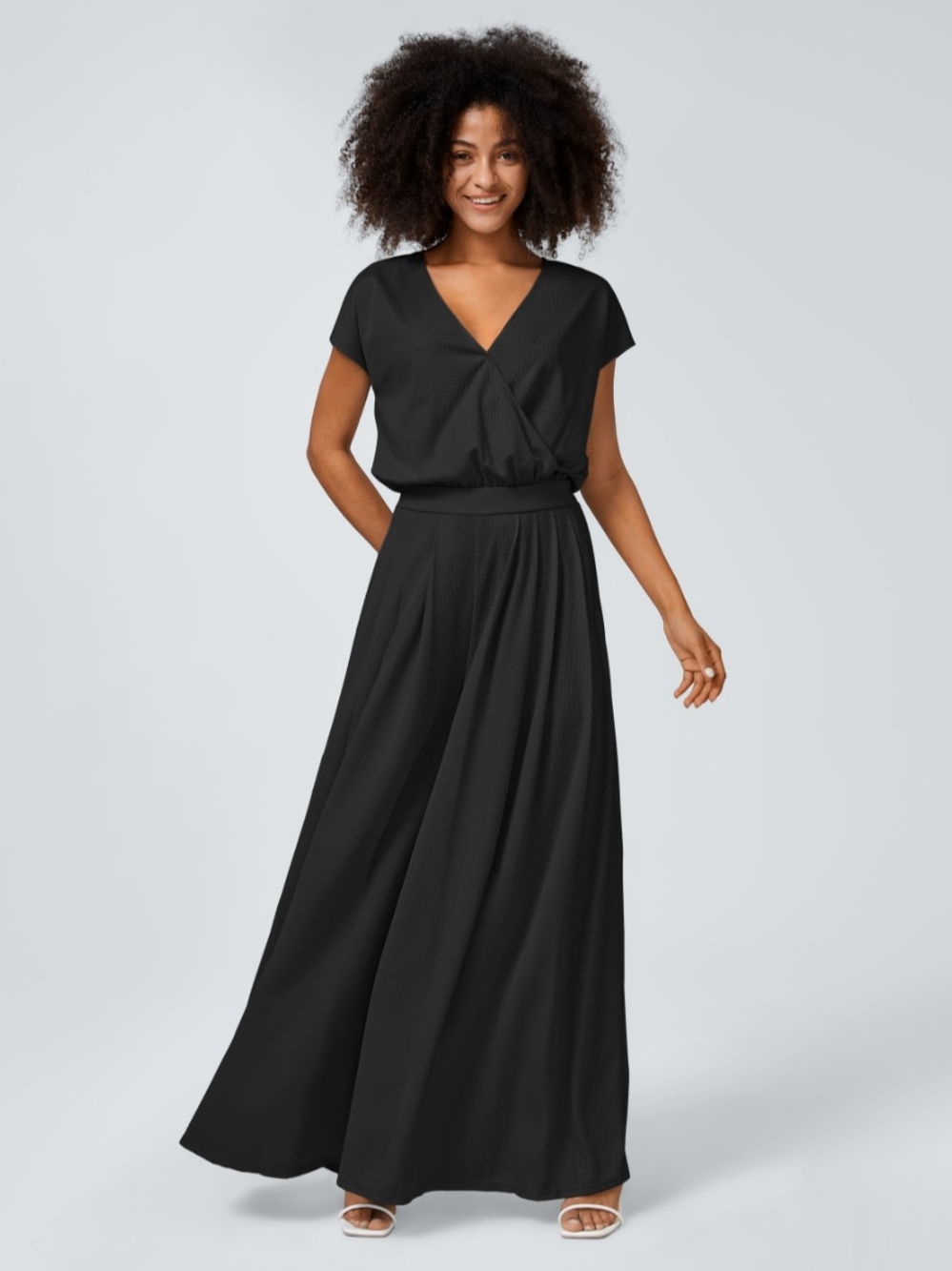 HALARA V Neck Short Sleeve Side Pocket Wide Leg Flowy Waffle Casual Jumpsuit